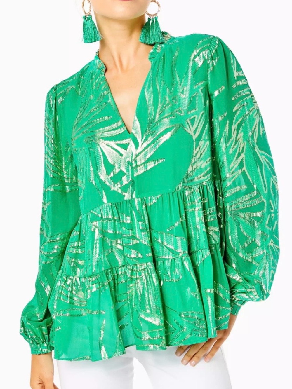 Lilly Pulitzer Sarita Silk Blouse Size 16 Peplum Palm Leaves Emerald Green Gold